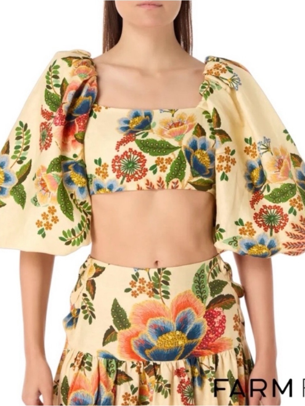 FARM Rio Delicate Garden Floral Puff-Sleeve Cropped Top XXS